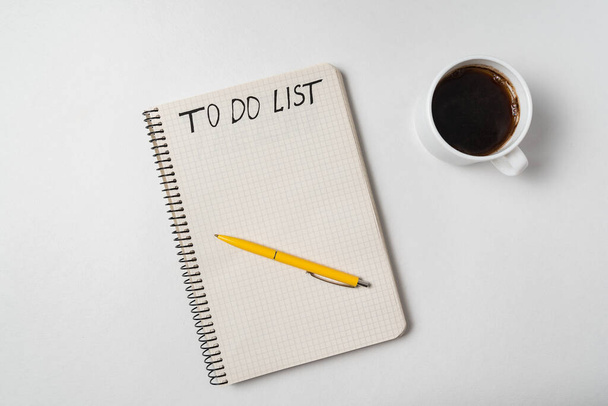 To do list reminder notice. Planning a day in morning with a cup of coffee. White background - Zdjęcie, obraz