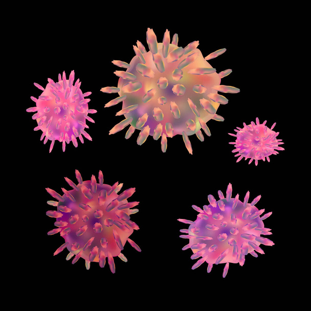 Gruppe von Coronaviren, Covid-19 auf schwarzem Hintergrund. Ansteckung und Ausbreitung einer Krankheit. Vektorillustration. - Vektor, Bild