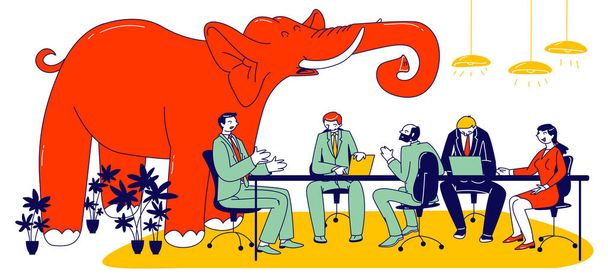 Величезний червоний слон трубач всередині сучасного офісу з діловими людьми персонажі сидять на засіданні правління розмови. Концепція невирішених і уникнути проблем. Лінійні Векторні ілюстрації
 - Вектор, зображення