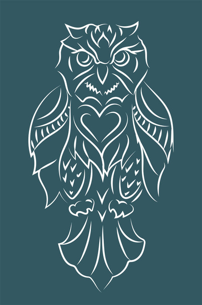 Krásná lineární kmenová ilustrace s ručně kreslené bílé sovy silueta na modrém pozadí - Vektor, obrázek