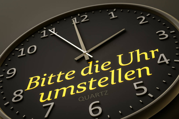 Παρακαλώ αλλάξτε τα ρολόγια σας στη γερμανική γλώσσα σύγχρονη μαύρο ρολόι στυλ 3d εικονογράφηση - Φωτογραφία, εικόνα