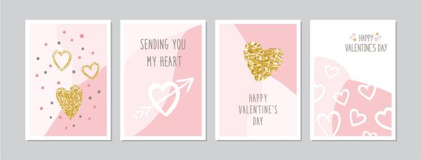 Valentine`s Day cards set with hand drawn hearts and golden sparkle. Doodles and sketches vector vintage illustrations, DIN A6. - Vector, afbeelding