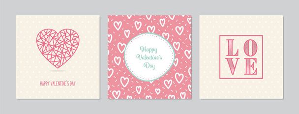 Valentine`s Day square cards set with hand drawn hearts. Doodles and sketches vector vintage illustrations. - Vetor, Imagem