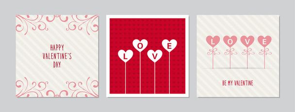 Valentine`s Day square cards set with hand drawn hearts and ornaments. Doodles and sketches vector vintage illustrations. - Vector, afbeelding
