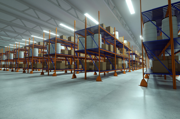 3D render Industrial racks, pallets, boxes, shelves with goods in huge storage rooms. Warehouse equipment, automotive warehouse, logistics, delivery of goods. Copy space - Photo, Image