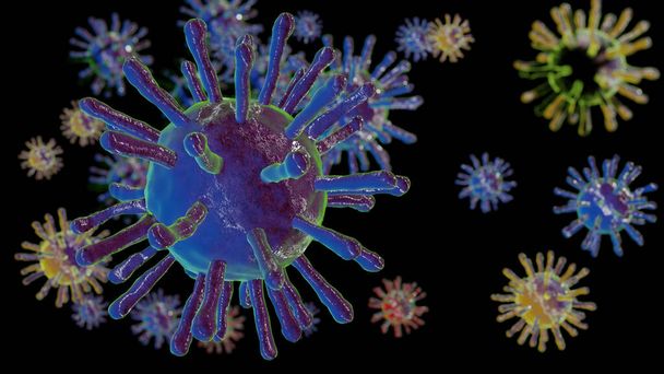 コロナウイルスのイラスト,黒の背景にcovid-19 。疾患の伝染と伝播.3Dイラスト. - 写真・画像