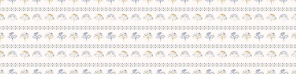 Grey french blu vector floral polka dot stripe seamless border pattern. Pretty spring carnation stylized banner background. Country farmhouse kitchen style washi tape. Flower dotty spot ribbon trim - Vector, Image