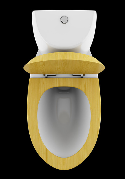 top view of modern toilet bowl with wooden cover isolated on bla - Photo, Image