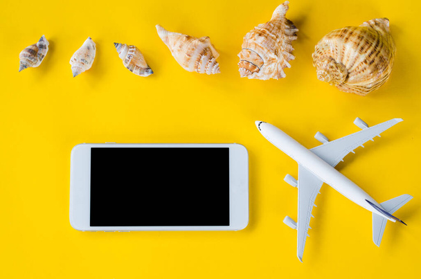 Смартфон с пустым экраном, декоративный самолет и ракушки, шаблон для презентации приложения
. - Фото, изображение