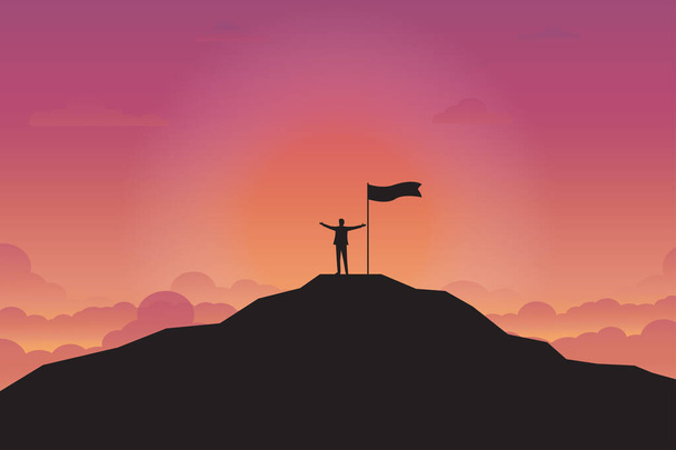 Businessman goal achievement. Silhouette of businessman and flag on the top mountain. Sunset background, Motivation, Leadership, Successful, Vector illustration flat design  - Vector, Image