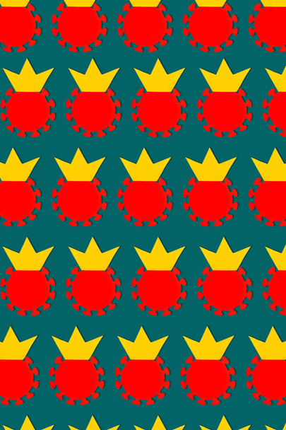 Red molecule COVID-2019 in yellow crown regular pattern on turquoise background. Coronavirus disease pandemic banner. World Corona virus 2019 nCoV danger concept. Medical blog website news. - Photo, Image