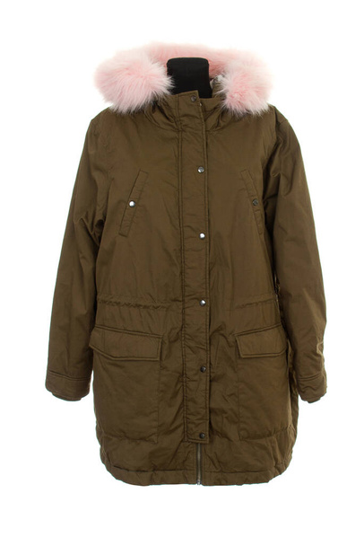 Kadın ceketi. Kürklü başlık. Beyaz arkaplanda parka izole - Fotoğraf, Görsel