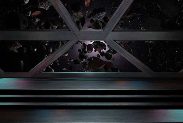 Sci-Fi-Korridor mit Blick auf die Raumgalaxie 3D-Rendering - Foto, Bild