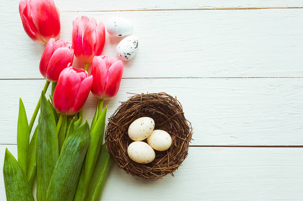 Œufs de caille dans le nid et tulipes, vue de dessus. Concept de Pâques
 - Photo, image