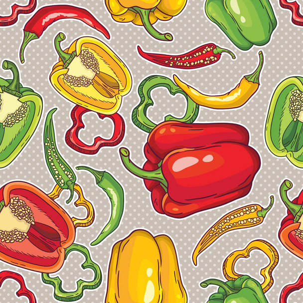 Vector seamless pattern with green, yellow and red peppers - Vector, Image