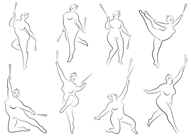 Collection. Gymnastics. Silhouette of a girl with a ribbon. The woman is overweight, a large body. The girl is full figured. Vector illustration set. - Vector, Image