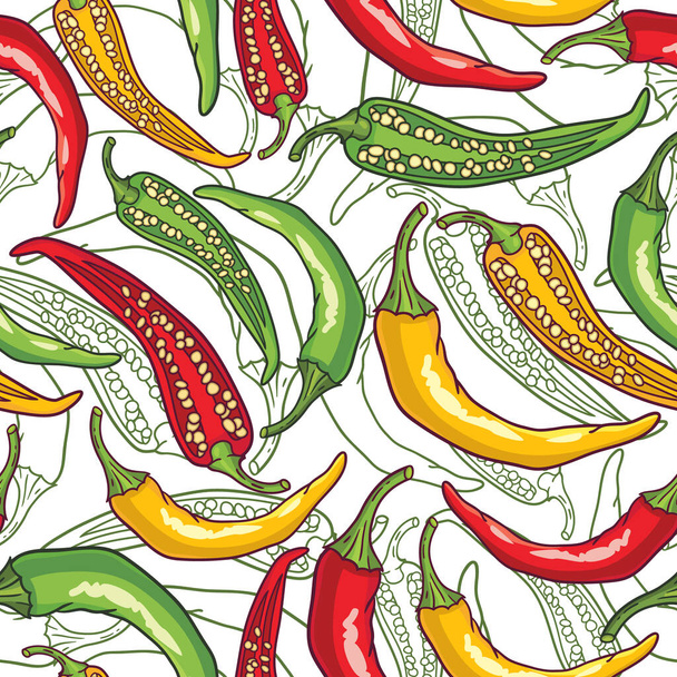 Vektornahtloses Muster mit grünen, gelben und roten Paprika - Vektor, Bild