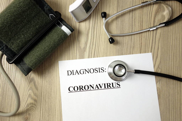 Текстова діагностика: коронавірус на медичному документі з аксесуарами, концепція охорони здоров'я
 - Фото, зображення