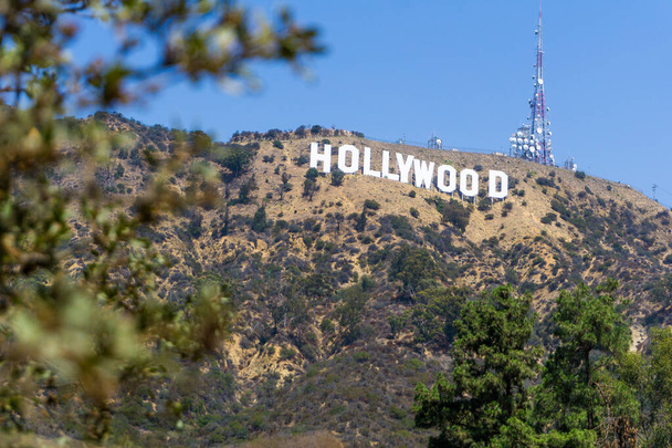 Blick auf den Griffith Park - Hollywood-Schild zwischen Bäumen. - Foto, Bild