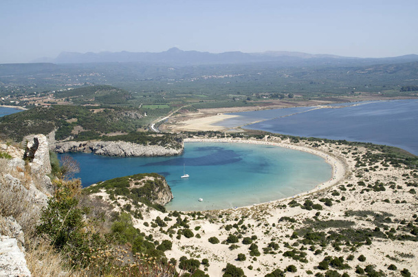 Panoramic view of bay and lagoon Voidokoilia from the fortress Palaikastro in Peloponnese,Greec - Photo, Image
