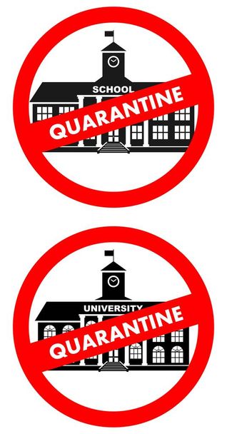 Virus concept. Quarantine sign on the background of classical school building, university, college isolated on white background. Banner, backdrop, icon. Vector illustration. - Vettoriali, immagini