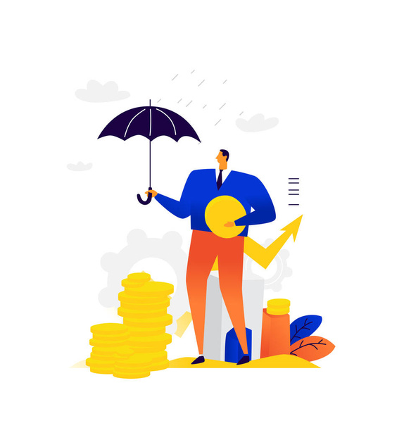 Illustration of a businessman with coins under an umbrella. Vector. Metaphor. A man is trying to keep his capital from inflation. The fall of stocks on the stock exchange. The broker makes money. Stock growth in the market. - Vector, Image