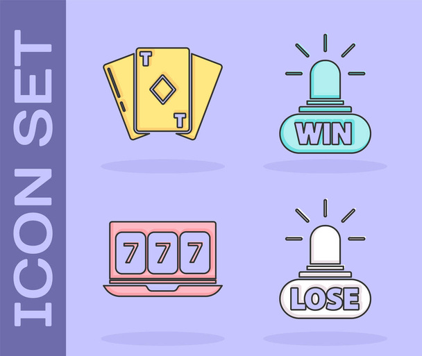 Set Kaszinó veszít, Játékkártya gyémántokkal, Online nyerőgép szerencsés hetes jackpot és Kaszinó nyeremény ikon. Vektor - Vektor, kép