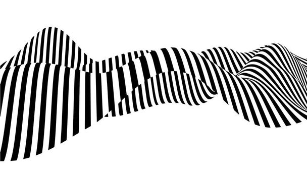 光錯視波。チェスの波板。抽象3D黒と白の幻想。波状歪み効果のある水平線ストライプパターンまたは背景. - ベクター画像