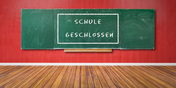 German Text "Schule geschlossen" at green chalkboard, blackboard texture with copy space hangs on red grunge wall and wooden floor 3D-Illustration - Photo, Image