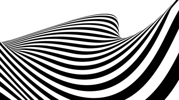 Optikai illúziós hullám. Absztrakt 3D-s fekete-fehér illúziók. Vízszintes vonalak csíkok minta vagy háttér hullámos torzító hatással. - Vektor, kép