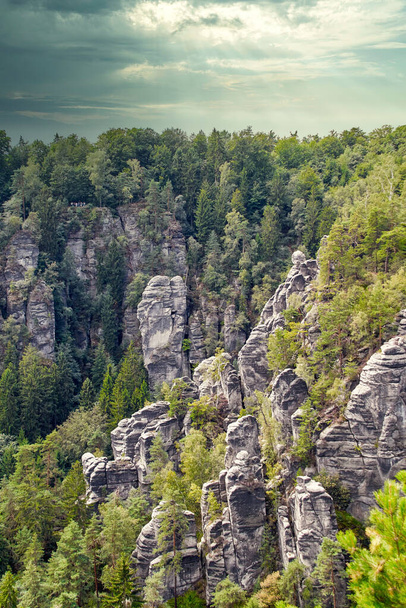 beautiful landscape image as an upright panorama with typical rock formations and green trees in Saxon Switzerland, an area of the Elbe Sandstone Mountains, a wall and climbing paradise near Dresden in Germany - Foto, afbeelding
