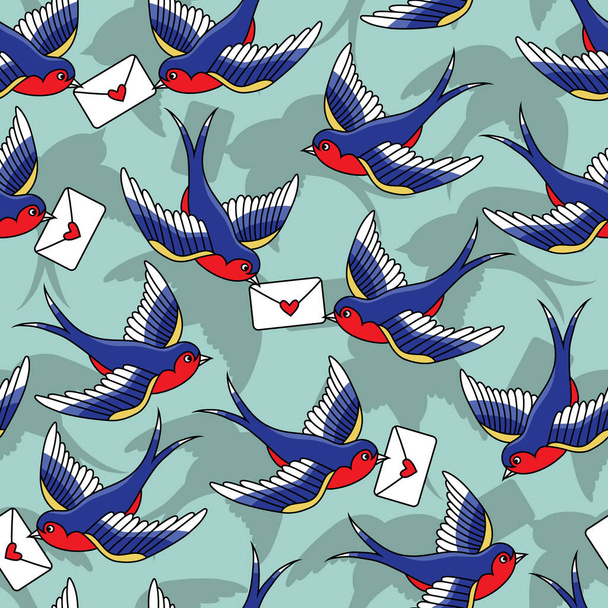 Vector old school naadloos patroon met vogels en liefdesbrieven - Vector, afbeelding