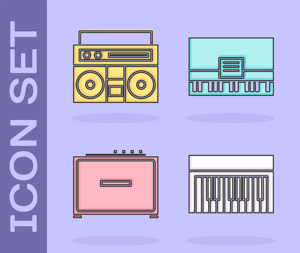 Set Music synthesizer, Home stereo with two speakers, Guitar amplifier and Piano icon. Vector - Vector, Image
