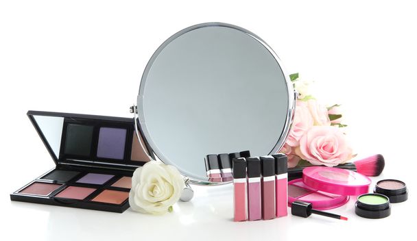 Group decorative cosmetics for makeup and mirror, isolated on white - Zdjęcie, obraz