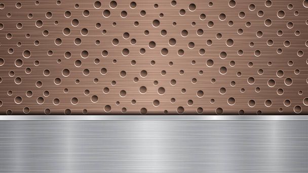 Hintergrund aus Bronze perforierte metallische Oberfläche mit Löchern und horizontale silberpolierte Platte mit einer Metallstruktur, grelle und glänzende Kanten - Vektor, Bild