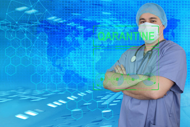 male doctor in a mask and hat crossed his arms, the word quarantine on a vitro display, the concept of the SARS virus pandemic, COVID-19, coronavirus, influenza, quarantine - 写真・画像