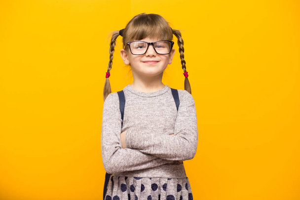 Onnellinen hymyilevä tyttö silmälaseissa menee kouluun ensimmäistä kertaa. Lapsi koululaukku ja hauska letti eristetty keltaisella pohjalla. Takaisin kouluun.
. - Valokuva, kuva
