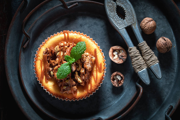 Fresh and sweet walnut cheesecake on dark plate - Valokuva, kuva