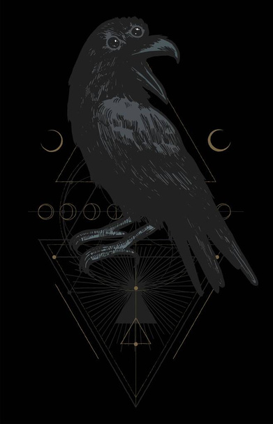 Три глаза ворона, геометрические фигуры и луны оккультная птица футболки печати векторной иллюстрации
. - Вектор,изображение