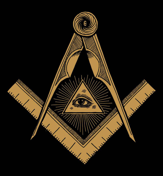 Freemason symbol Square and Compasses and eye of providence in shine. Vintage occult illustration print. - Vector, Image