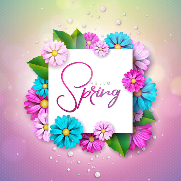 Vector Illustration on a Spring Nature Theme with Beautiful Colorful Flower on Green Background. Floral Design Template with Typography Letter for Banner, Flyer, Invitation, Poster or Greeting Card. - Vector, Imagen