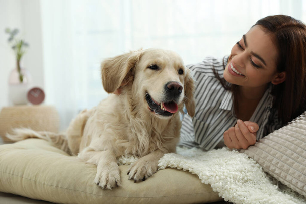 Young woman and her Golden Retriever at home. Adorable pet - Fotografie, Obrázek