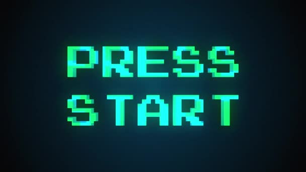 Computador gerou uma tela de mensagem de texto: Pressione start. 3d rendering 8-bit fonte, fundo preto para videogame
 - Filmagem, Vídeo