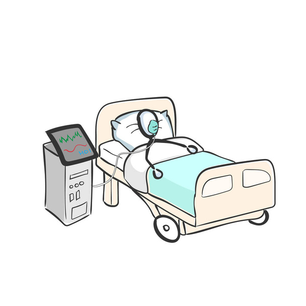 Koronawirus jest chory. Chorzy w szpitalnym łóżku. Monitoring zdrowia. Ręcznie rysowane. Kreskówka Stickmana. Szkic Doodle, Wektor ilustracji graficznej chory szpital - Wektor, obraz