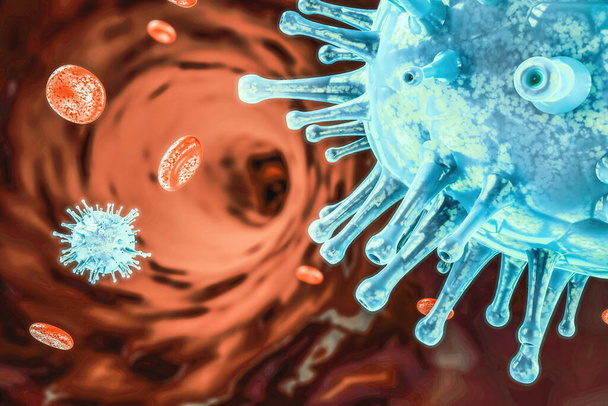 Blue coronavirus 2019-nCov cells and blood bodies. Healthcare and immunology concept. 3d rendering - Photo, Image