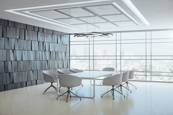 Modern conference office room with panoramic megapolis city view. Workplace and lifestyle concept. 3D Rendering - Photo, Image