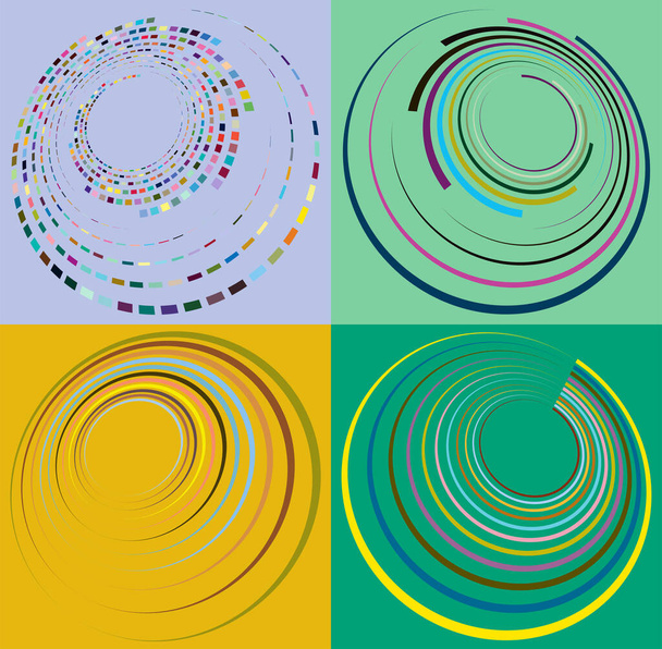 Set von gesprenkelten, mehrfarbigen und bunten Spiral-, Wirbel-, Wirbelformen. Wirbel, Quirlform mit Rotation, Drehung, Wickelverzerrungseffekt über farbigem Hintergrund, Hintergrund - Vektor, Bild