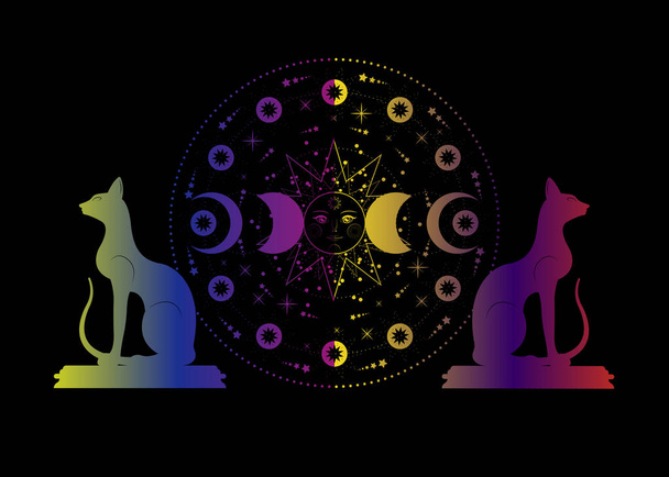 Triple luna y gatos, símbolo pagano de la diosa Wicca, sistema solar, fases lunares, órbitas de planetas, círculo energético. Colorida geometría sagrada de la rueda del año, vector aislado sobre fondo negro
 - Vector, imagen