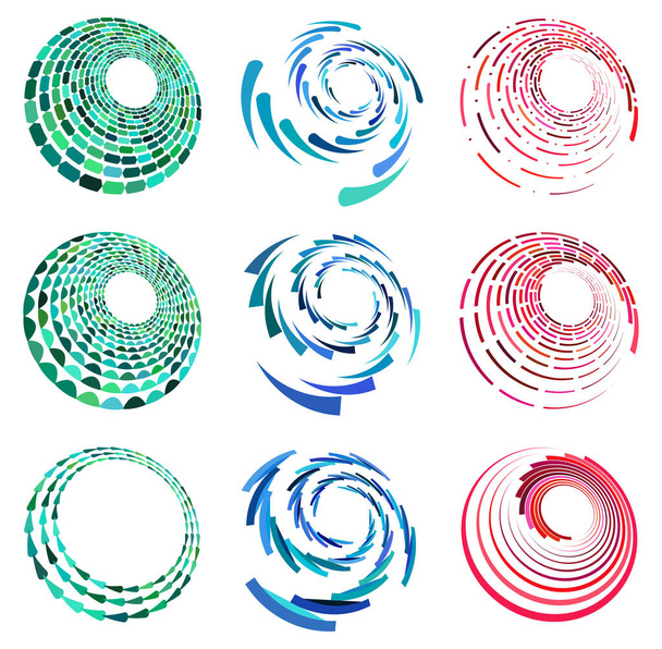 set of colorful, multicolor and monochrome cyclic, cycle concentric rings. revolved spirals, vortexes, swirl, spirals and twirls. abstract circular, radial loop shapes, elements - Вектор,изображение