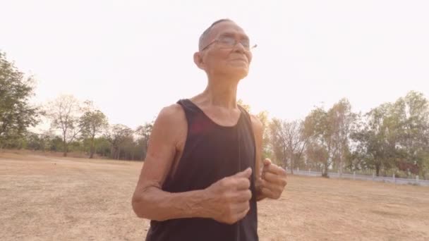 Hombre mayor asiático corriendo en el parque por buena salud. Concepto sanitario
.  - Metraje, vídeo